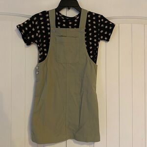 GAP Khaki Green Overall Dress with Black Floral Tee NWOT